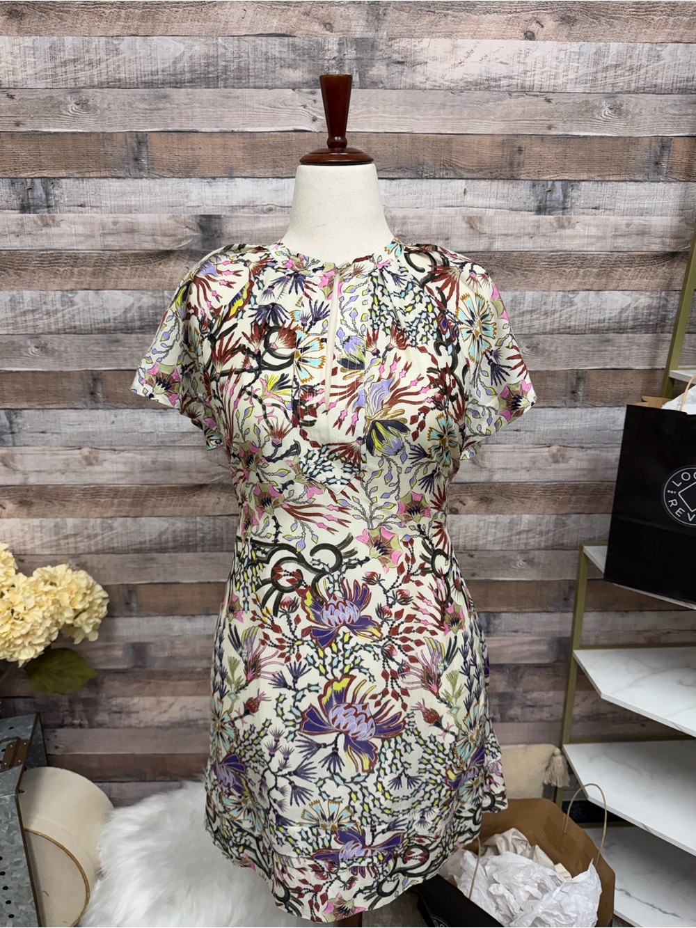 Maria Cher Floral Print Cream Mini Dress with Multi-Color Botanicals